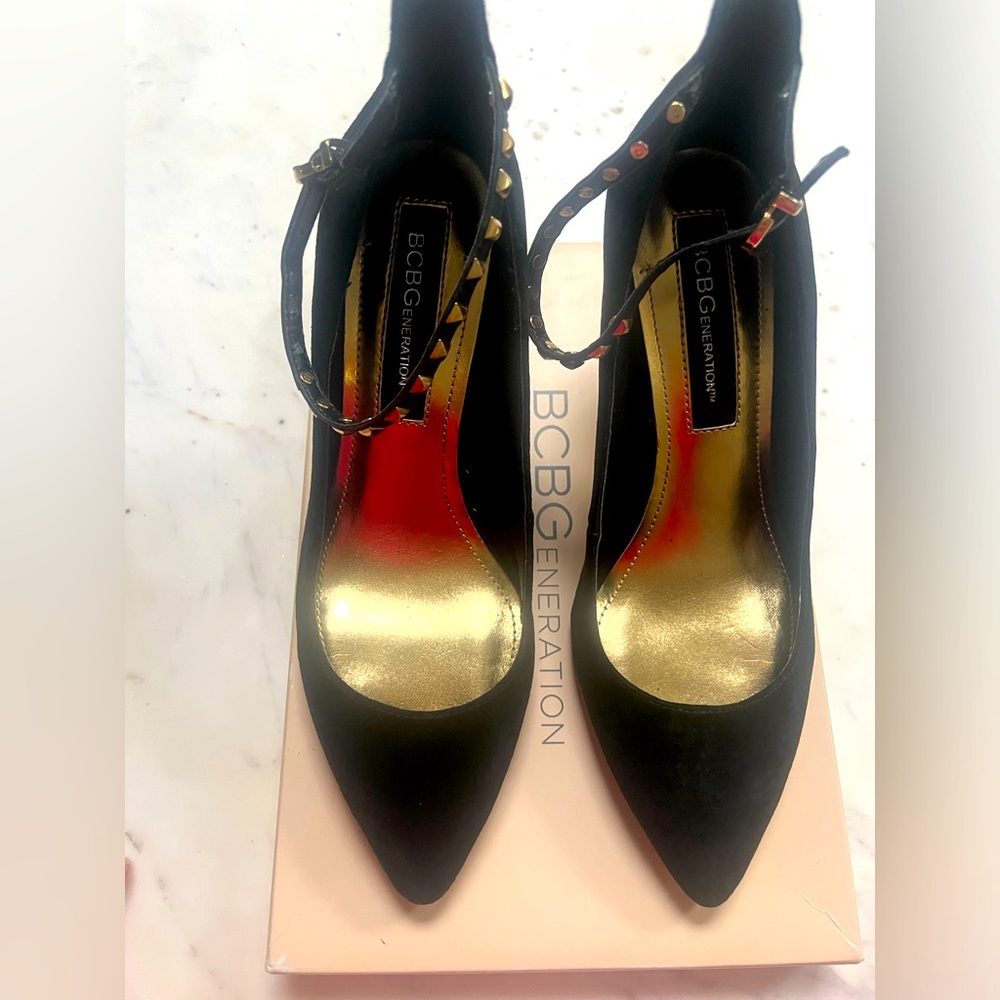 Black and gold strappy studded heels